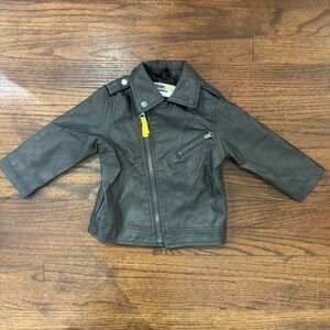 Genuine Kids Gray/Black Leather Like Jacket With Yellow Zipper Size 12 months
